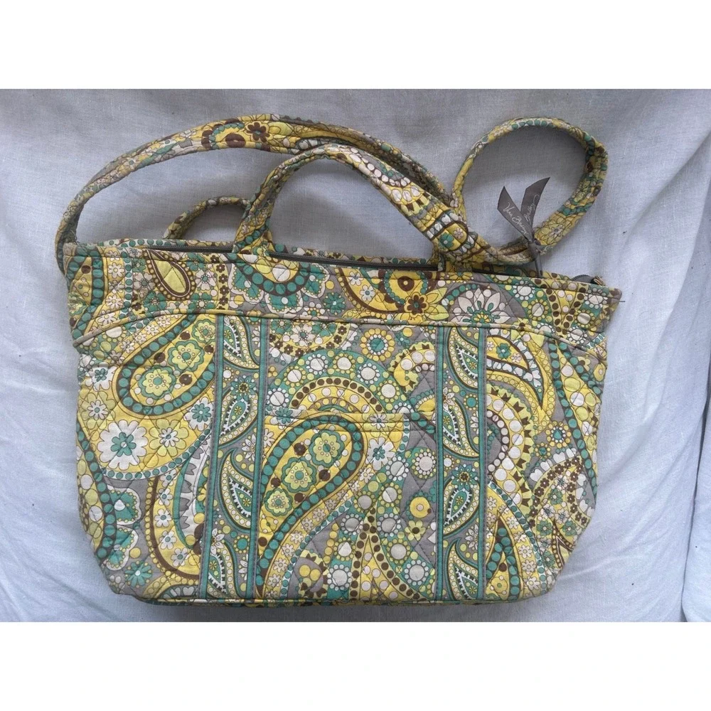 Vera Bradley Sun Valley Quilted Cotton‎ Tote Bag Yellow Teal Paisley Zip Top#480